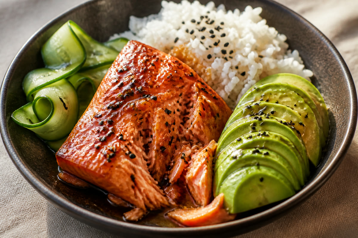 Salmon bowl with rice and avocado